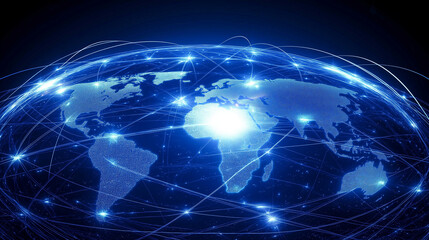 Blue 3D globe with continents and network design representing global connectivity and communication