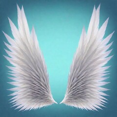 A high-resolution digital artwork of two large, intricate angel wings facing opposite directions, converging at their bases. Each wing is meticulously detailed with a myriad of white feathers, soft an