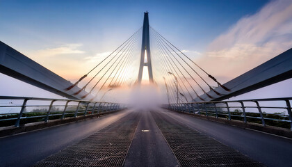 Obraz premium A stunningly modern bridge connecting two cities, surrounded by fog in the morning, creating a dramatic and atmospheric view.