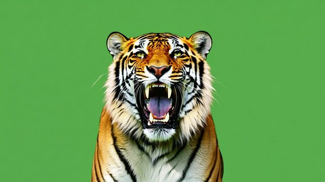 Fierce tiger roaring in wild against vibrant green background, this big cat embodies essence of nature and wildlife as powerful predator with striking striped features.