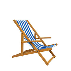 Blue and White Striped Wooden Deck Chair on Transparent Background