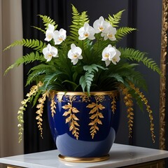 luxurious ceramic flower pot in a glossy deep-blue color, with golden leaf detailing along the rim