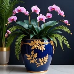 luxurious ceramic flower pot in a glossy deep-blue color, with golden leaf detailing along the rim