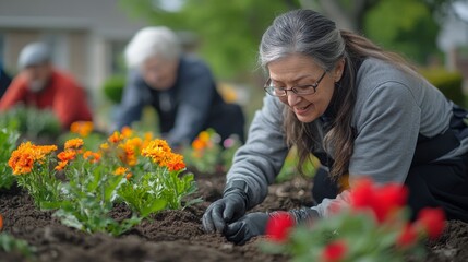 A group of community members works together in a garden, planting colorful flowers in rich soil. Joyful expressions highlight their teamwork and commitment to beautifying the outdoor space.