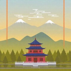 Fototapeta premium Chinese pagoda, against a serene landscape, shallow focus emphasizes the intricate structure of the pagoda, while the distant mountains and sky fade gently out of focus, poster card illustration