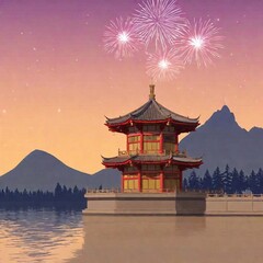 Obraz premium Chinese pagoda, set against a serene landscape, distant mountains and sky fade gently out of focus, poster card with fireworks