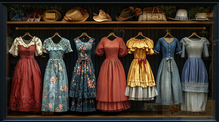 Fototapeta premium Elegant display of vintage dresses in shop window, showcasing various styles and colors, perfect for fashion enthusiasts