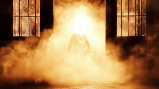 Mysterious Cowboy in Doorway: Silhouette of Cowboy Entering Sunlit Room, Surrounded by Dust in Gritty Western Setting. Video made using Generative AI.