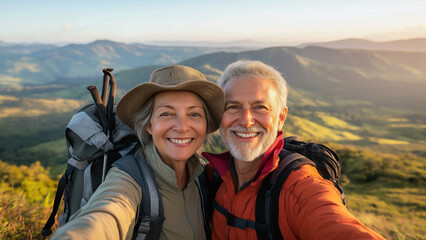 Smiling senior hiking together in the mountains and taking a selfie at the summit of a mountain, senior travel with outdoor experiences and the joys of exploring new places.
