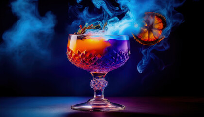 A vibrant cocktail in a crystal glass with thick, dramatic smoke spilling over the rim and floating above, adding an intense and mysterious effect.