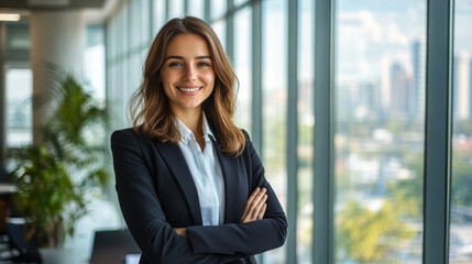 Fototapeta premium Smiling business woman in a sharp suit standing confidently in a modern office with large windows overlooking the city