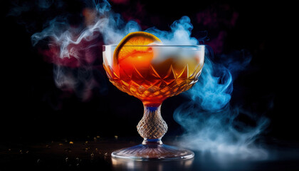 A vibrant cocktail in a crystal glass with thick, dramatic smoke spilling over the rim and floating above, adding an intense and mysterious effect.