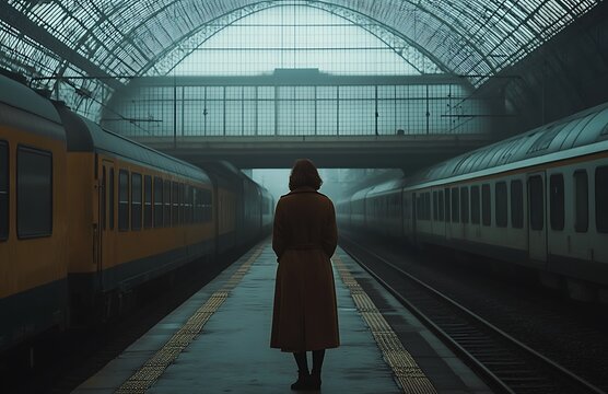 A woman in a brown coat stands alone at a foggy train station, waiting for her train amidst the quiet morning atmosphere