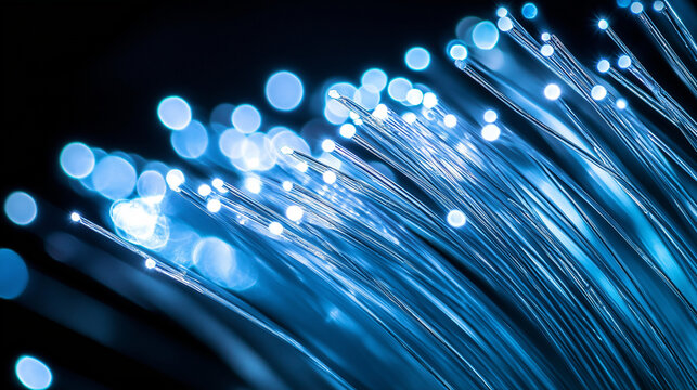 Close-up fiber optics Shine white Fairlight,
Fiber optic network design with blue light and digital connections for communication and data transfer,