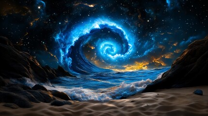 Cosmic Ocean Wave Surreal Seascape Fantasy Art Galaxy Night Sky Beach