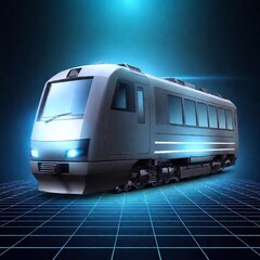 A holographic display of a digital electric train against a blue background, representing the technological future of commercial transport, with motion around the station.
