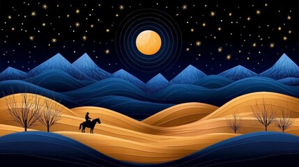 Night Rider Moonlit Desert Landscape with Mountains and Stars
