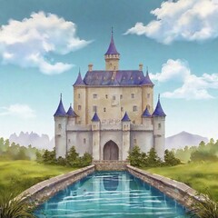 A whimsical fairy tale castle with a moat, illustrated in colorful watercolors, capturing the essence of fantasy and adventure