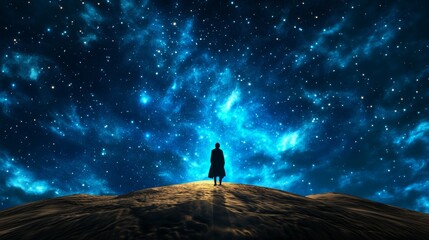 Fototapeta premium Solitary Figure Under a Starry Night Sky Desert Landscape