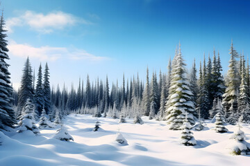 A serene winter landscape with snow-covered trees and a clear blue sky.