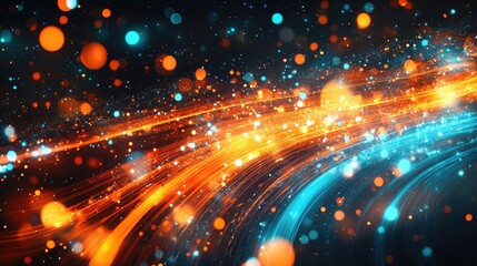 Energetic image with bursts of color, light trails in bright orange and blue hues, and floating particles against a dark background, illustrating the excitement of creative thought.