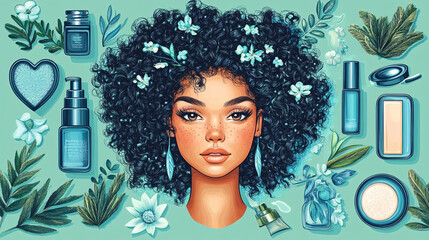 Cute sticker design featuring a girl with curly hair and moisturizing products, ideal for planners and scrapbooks
