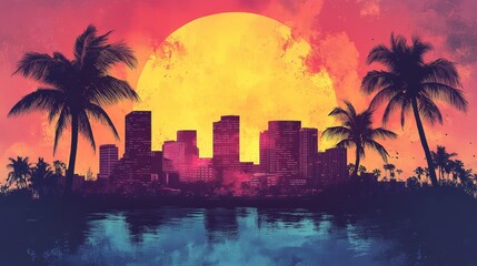 Fototapeta premium Tropical Cityscape Sunset Palm Trees Skyline Ocean