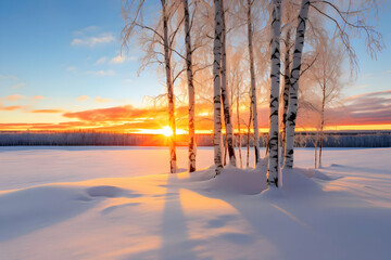 A serene winter landscape with birch trees against a vibrant sunset over snow-covered ground.