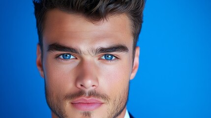 Obraz premium Handsome Man Portrait Blue Eyes Close Up Serious Expression Studio Shot