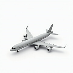 Obraz premium Sleek white airplane model captured from above, showcasing its streamlined design and modern features, symbolizing travel, innovation, and the excitement of air transport in a minimalist style