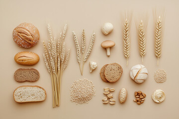 Display of various types of bread, grains, and wheat arranged artistically on a beige background...