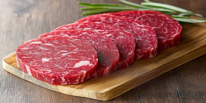 Slices of raw marbled steak placed neatly on a wooden board with fresh rosemary sprigs.