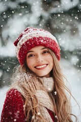 A smiling woman in red knitwear revels in a snowfall, capturing the essence of joy and winter magic.