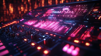 Obraz premium A holographic AI musician composing electronic music in a futuristic studio at night
