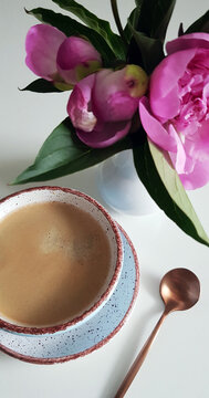 Cup of coffee with pink peony, Coffee with pink peony