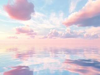 Obraz premium A tranquil sunset sky filled with fluffy white clouds reflecting beautifully on calm water in a serene natural landscape at dusk