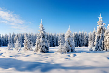 A serene winter landscape with snow-covered trees under a clear blue sky.