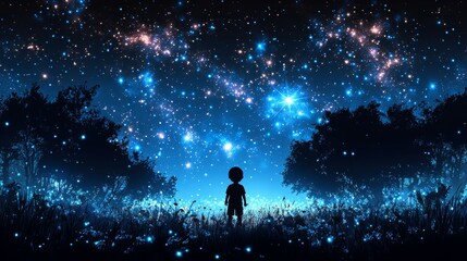 Obraz premium Child Wondering at Night Sky Stars Trees Field Dreamscape
