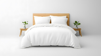 Modern double bed mock up with pillows and blanket on isolated white background. 