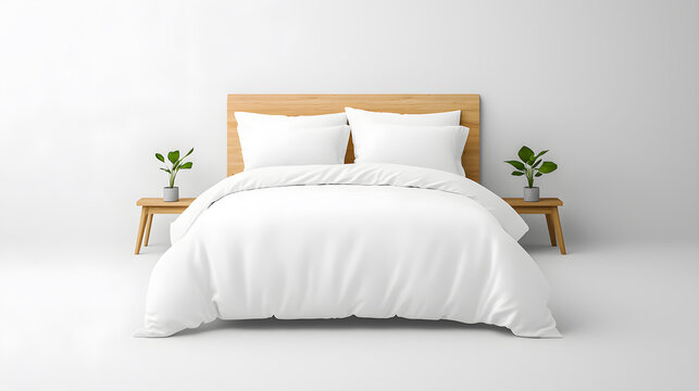 Modern double bed mock up with pillows and blanket on isolated white background. 