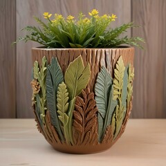 nature-inspired ceramic flower pot with a textured bark design in earthy browns and greens