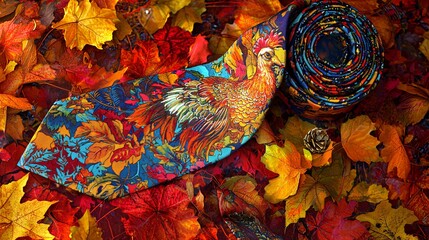 Fototapeta premium A vibrant tie featuring a colorful turkey design, perfect for Thanksgiving celebrations. The tie is set against a backdrop of autumn leaves, highlighting its festive appeal.