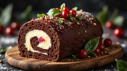 Festive chocolate yule log with cream and cherries