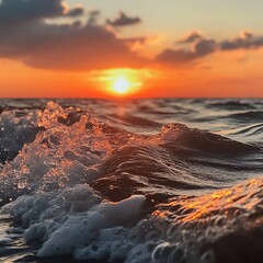 Fototapeta premium Golden waves crashing under a stunning sunset on the horizon, capturing the tranquility of the ocean at dusk