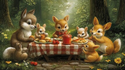 Adorable Animals Enjoying a Forest Picnic Cute Woodland Creatures Gathering for a Meal