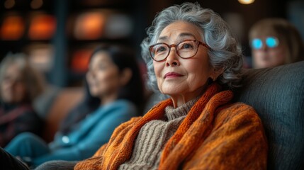 Obraz premium An elderly woman with gray hair and glasses relaxes comfortably in a warm sweater, engaged in a lively discussion with friends around her in a cozy space.
