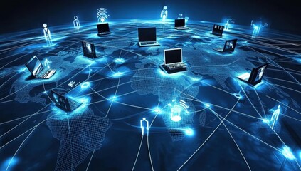 A visually appealing representation of a global business network, featuring interconnected people and icons representing digital connections around the globe Generative AI