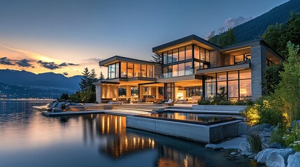 Obraz premium Experience the elegance of modern luxury with this stunning estate, perfectly situated by the water. Enjoy tranquil sunsets and captivating views.
