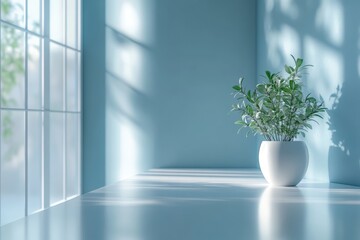 A serene indoor plant in a bright blue room with gentle sunlight filtering through the window