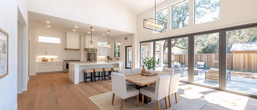 Explore an elegant home staging illustration featuring a bright, modern interior with natural light, inviting decor, and a cozy dining area harmonizing with outdoor space.